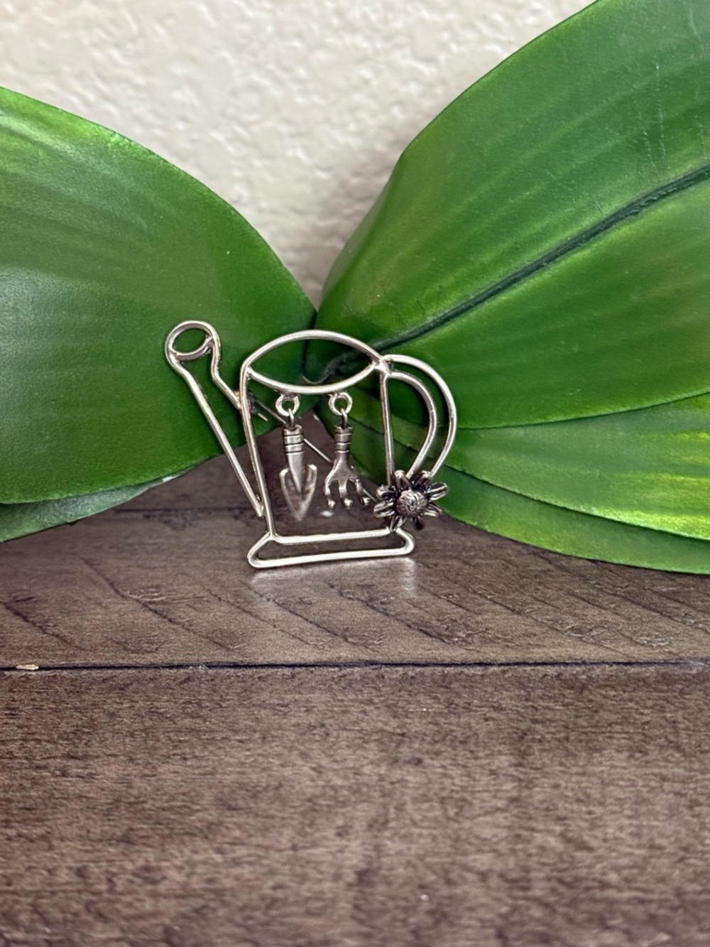Vintage Watering Can Brooch Pin with Garden Tool Charms